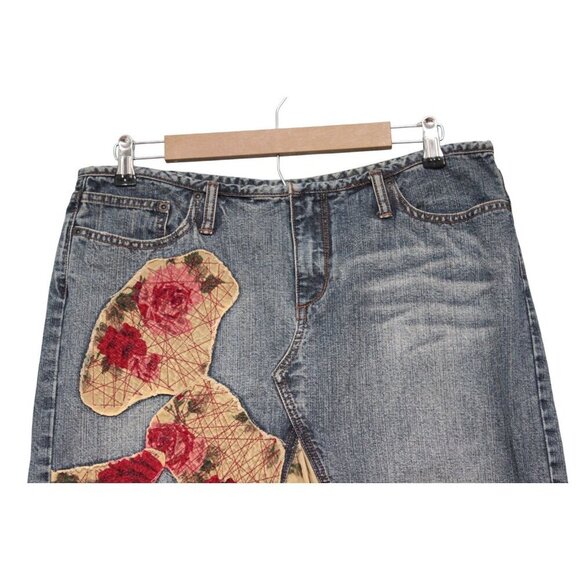 Y2K Express Denim Skirt Size 12 Patchwork Floral Corduroy Boho Festival Artsy - Picture 2 of 12